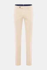 Front view of PT Torino Chino 'Slim Fit' sand pants in classic soft cotton twill with light stretch, featuring zipper, buttons, French pockets, watch pocket, and welted back pockets. For this chino, PT TORINO chooses classic cotton twill in a soft quality