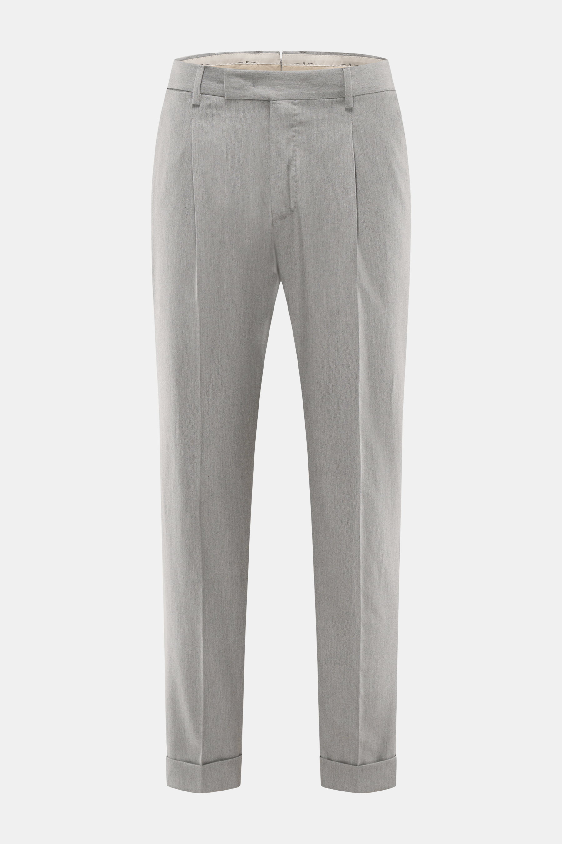 PT Torino Hose 'Rebel Fit' grau meliert, knöchellang, schmal zulaufend, Baumwoll-Seiden-Mix, Tapered Fit, mit Bundfalte, Reißverschluss, französischen Taschen, Patten-Gesäßtaschen, fixiertem Saumaufschlag, frontal fotografiert.