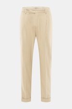Front view of PT Torino Pants 'Rebel Fit' beige, tapered fit with cotton-silk blend, ankle-length, single pleat, French and back flap pockets, waistband hook, zipper, fixed hem cuff, soft feel, washable. With PT TORINO you’re always on the right track: Th