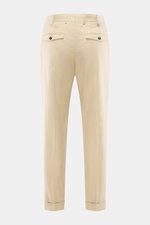 Rear view of PT Torino Pants 'Rebel Fit' beige, ankle-length tapered fit with French pockets, pleated waistband, back flap pockets, and fixed hem cuff.