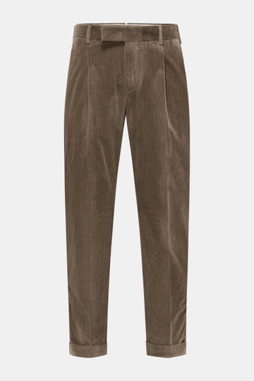 Front view of PT Torino Corduroy pants 'Rebel Fit' brown, corduroy pure cotton, slightly elastic, very soft, tapered fit, regular thigh, ankle length, very narrow tapering, zipper and waistband hook, single waistband pleat, small watch pocket, French pock