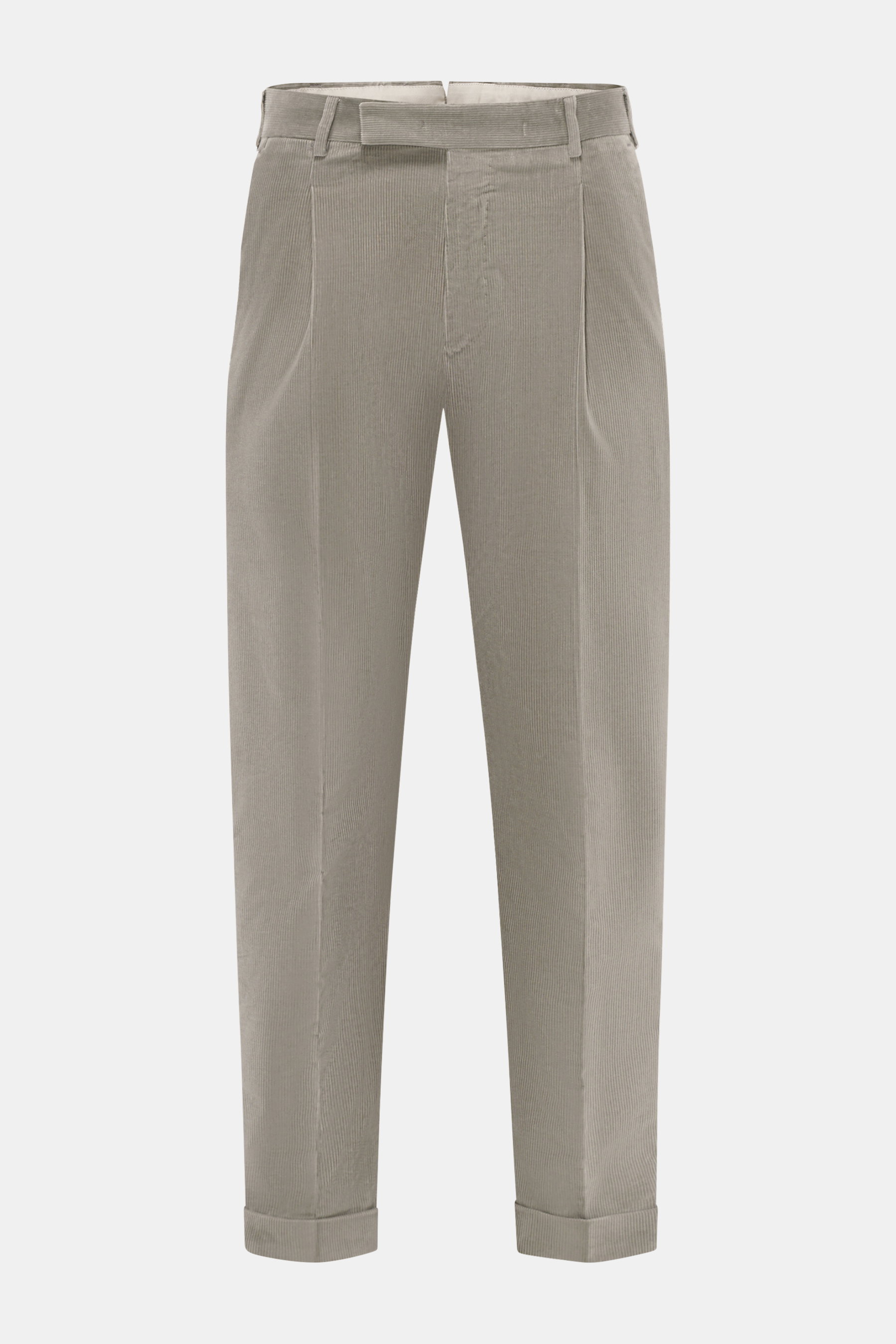 Frontansicht der PT Torino Cordhose 'Rebel Fit' grau aus reinem Baumwollcord, knöchellang, tapered Fit mit Reißverschluss, Bundhaken, Uhrentasche, französischen Taschen, geknöpfter Gesäßtasche und fixiertem Saumaufschlag, sehr weicher Griff.