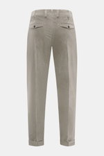 PT Torino Corduroy pants 'Rebel Fit' grey shown from back, corduroy made of pure cotton, slightly elastic quality, very soft feel, tapered fit, regular thigh width, ankle length, very narrow tapering, zipper and waistband hook, single waistband pleat, sma