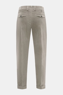 PT Torino Corduroy pants 'Rebel Fit' grey shown from back, corduroy made of pure cotton, slightly elastic quality, very soft feel, tapered fit, regular thigh width, ankle length, very narrow tapering, zipper and waistband hook, single waistband pleat, sma