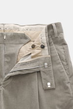 Close-up front view of PT Torino Corduroy pants 'Rebel Fit' grey showing zipper and waistband hook, corduroy made of pure cotton, slightly elastic quality, very soft feel, tapered fit, regular thigh width, ankle length, very narrow tapering, single waistb