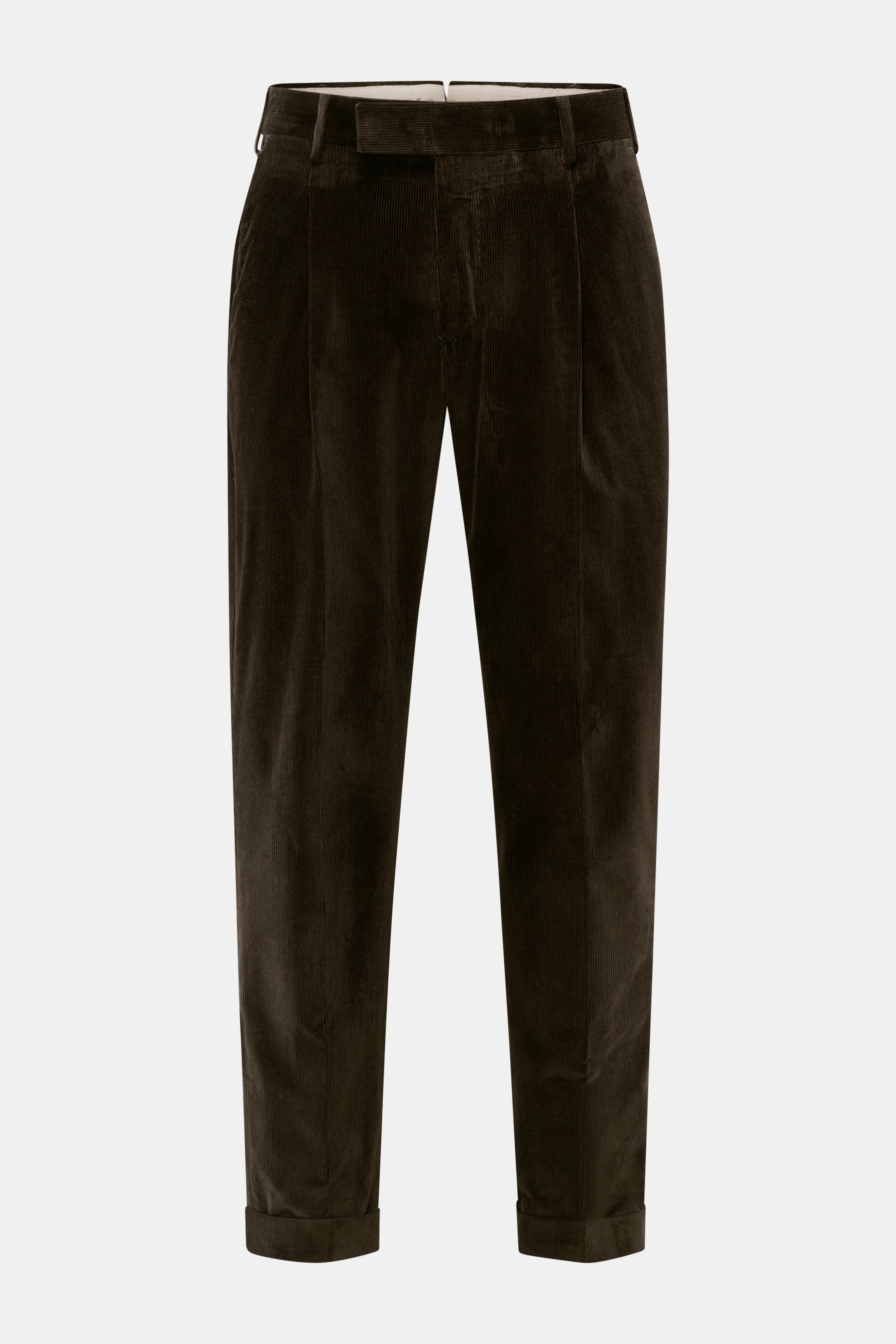 PT Torino Cordhose 'Rebel Fit' dunkelbraun, frontale Nahaufnahme, Cord aus reiner Baumwolle, Tapered Fit, knöchellang, schmal zulaufend, Reißverschluss, Bundhaken, Bundfalte, Uhrentasche, französische Taschen, geknöpfte Gesäßtaschen, fixierter Saumaufschl
