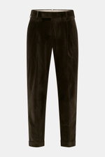 Front view of PT Torino Corduroy pants 'Rebel Fit' dark brown, corduroy made of pure cotton, slightly elastic quality, very soft feel, tapered fit with regular thigh width, ankle length with very narrow tapering, zipper and waistband hook, single waistban