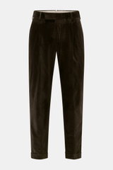 Front view of PT Torino Corduroy pants 'Rebel Fit' dark brown, corduroy made of pure cotton, slightly elastic quality, very soft feel, tapered fit with regular thigh width, ankle length with very narrow tapering, zipper and waistband hook, single waistban