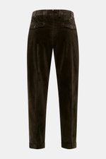 PT Torino Corduroy pants 'Rebel Fit' dark brown shown from the back, corduroy made of pure cotton, slightly elastic, very soft feel, tapered fit, regular thigh width, ankle length, very narrow tapering, zipper and waistband hook, single waistband pleat, s
