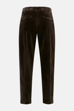 PT Torino Corduroy pants 'Rebel Fit' dark brown shown from the back, corduroy made of pure cotton, slightly elastic, very soft feel, tapered fit, regular thigh width, ankle length, very narrow tapering, zipper and waistband hook, single waistband pleat, s