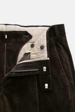 PT Torino Corduroy pants 'Rebel Fit' dark brown shown from a top close-up view of the waistband, zipper, hook, and button details, made of pure cotton corduroy with slightly elastic quality, very soft feel, tapered fit, regular thigh width, ankle length, 