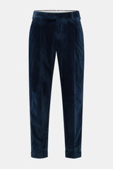 PT Torino Cordhose 'Rebel Fit' navy, frontale Nahaufnahme, Cord aus reiner Baumwolle, weich, leicht elastisch, tapered Fit, knöchellang, Bundhaken, Reißverschluss, Bundfalte, Uhrentasche, französische Taschen, Gesäßtaschen mit Patte, fixierter Saumaufschl