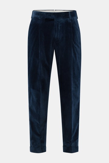 PT Torino Cordhose 'Rebel Fit' navy, frontale Nahaufnahme, Cord aus reiner Baumwolle, weich, leicht elastisch, tapered Fit, knöchellang, Bundhaken, Reißverschluss, Bundfalte, Uhrentasche, französische Taschen, Gesäßtaschen mit Patte, fixierter Saumaufschl