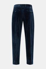 Back view of PT Torino Corduroy pants 'Rebel Fit' navy, corduroy made of pure cotton, slightly elastic quality, very soft feel, tapered fit, regular thigh width, ankle length, very narrow tapering, zipper and waistband hook, single waistband pleat, small 