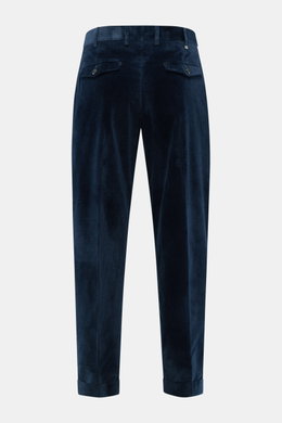 Back view of PT Torino Corduroy pants 'Rebel Fit' navy, corduroy made of pure cotton, slightly elastic quality, very soft feel, tapered fit, regular thigh width, ankle length, very narrow tapering, zipper and waistband hook, single waistband pleat, small 