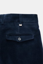 Close-up rear view of PT Torino Corduroy pants 'Rebel Fit' navy showing buttoned flap back pocket, corduroy pure cotton, slightly elastic, soft, tapered fit, regular thigh, ankle length, narrow tapering, zipper, waistband hook, single pleat, small watch p
