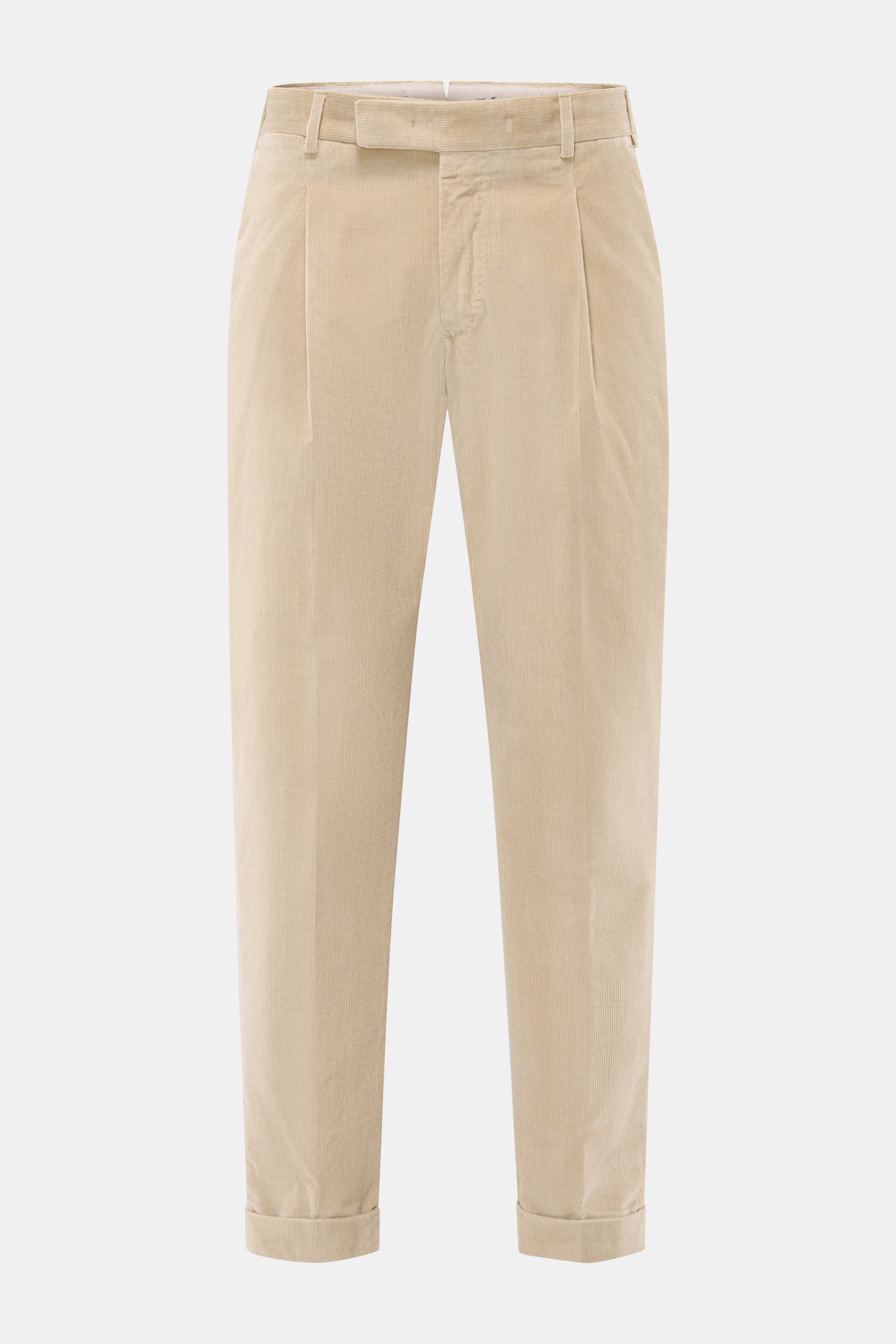 PT Torino Cordhose 'Rebel Fit' beige, frontal fotografiert, Cord aus reiner Baumwolle, leicht elastisch, sehr weich, Tapered Fit, knöchellang, geknöpfter Saum.