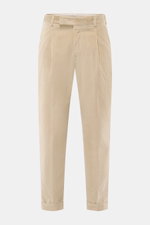 Front view of PT Torino Corduroy pants 'Rebel Fit' beige, corduroy made of pure cotton, slightly elastic, very soft feel, tapered fit with regular thigh width, ankle length, very narrow tapering, zipper and waistband hook, single waistband pleat, small wa