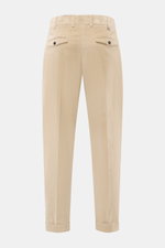 PT Torino Corduroy pants 'Rebel Fit' beige shown from the back, corduroy made of pure cotton, slightly elastic, very soft feel, tapered fit, regular thigh width, ankle length, very narrow tapering, zipper and waistband hook, single waistband pleat, small 