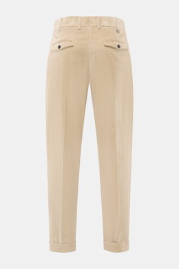 PT Torino Corduroy pants 'Rebel Fit' beige shown from the back, corduroy made of pure cotton, slightly elastic, very soft feel, tapered fit, regular thigh width, ankle length, very narrow tapering, zipper and waistband hook, single waistband pleat, small 