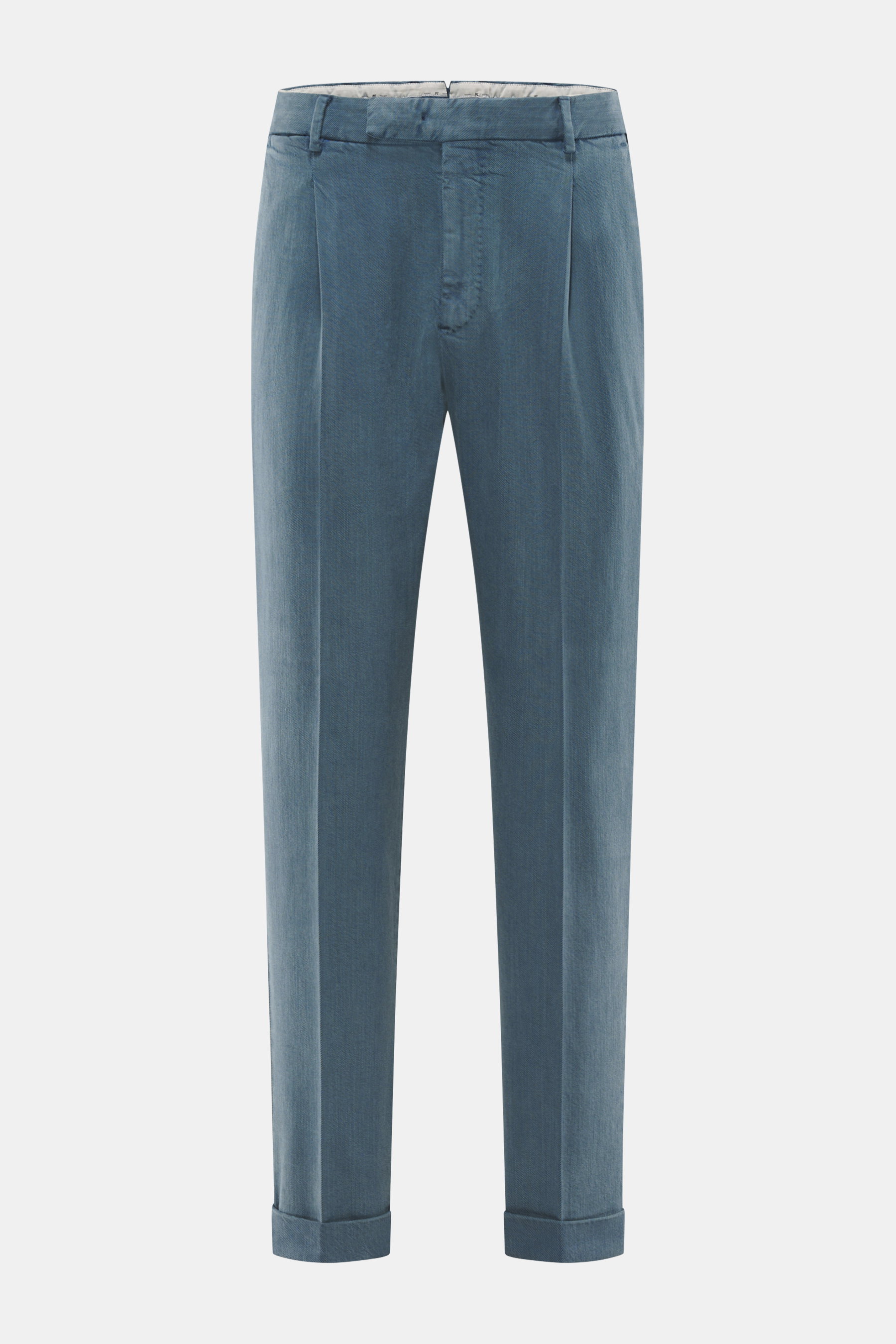 PT Torino Hose 'The Rebel' rauchblau, frontale Nahaufnahme, Twill aus Modal & Baumwolle, reguläre Passform, tapered Fit, knöchellang, Bundfalte, Saumaufschlag.