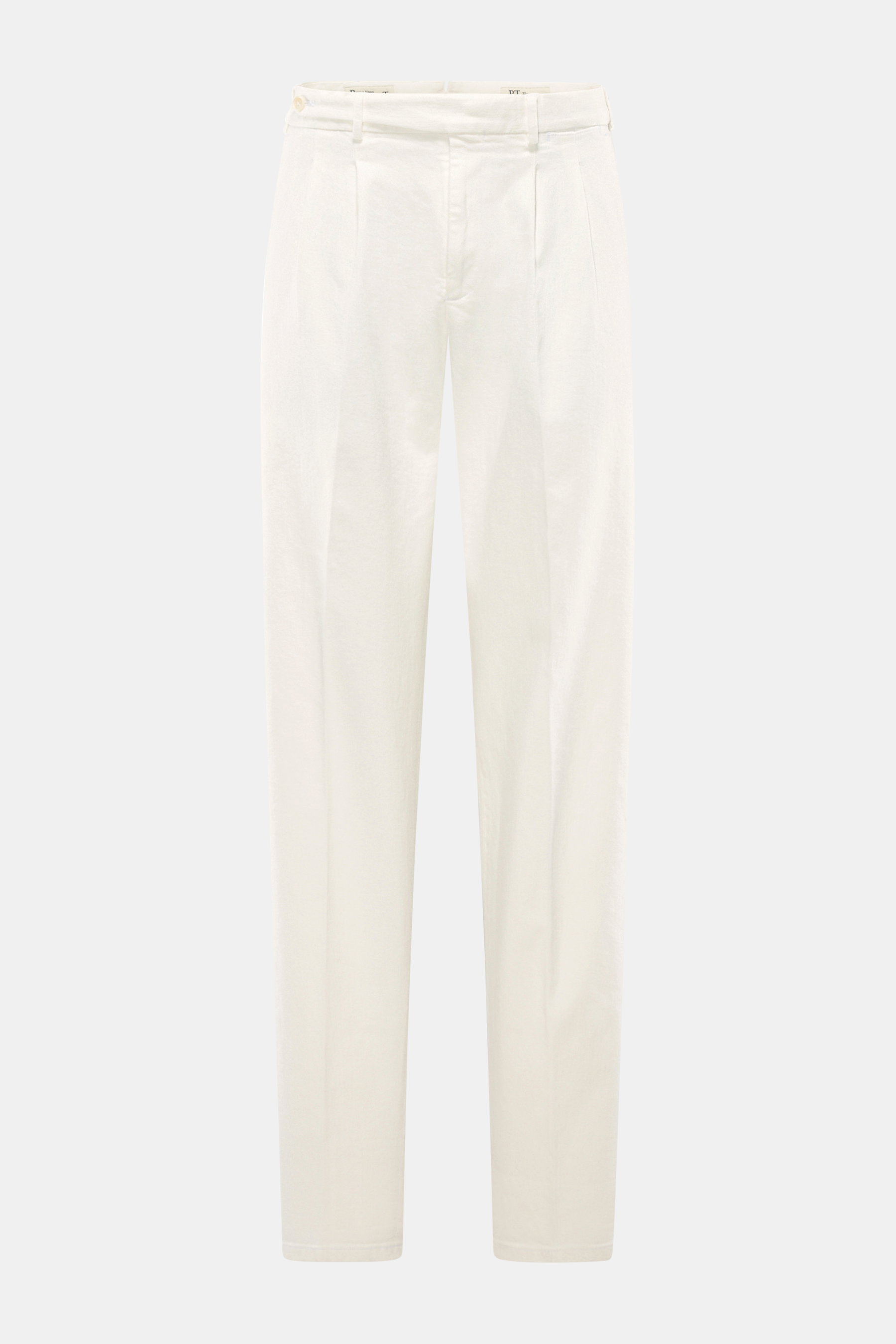Front view of PT Torino Cotton Trousers 'Carrot Fit' offwhite, featuring short cut, stylish pleats, extended button placket, zipper, waistband buttons, French pockets, back flap pockets with button, small watch pocket, double waistband pleat, fixed hem cu