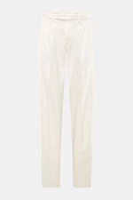 Front view of PT Torino Cotton Trousers 'Carrot Fit' offwhite, featuring short cut, stylish pleats, extended button placket, zipper, waistband buttons, French pockets, back flap pockets with button, small watch pocket, double waistband pleat, fixed hem cu