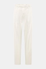 Front view of PT Torino Cotton Trousers 'Carrot Fit' offwhite, featuring short cut, stylish pleats, extended button placket, zipper, waistband buttons, French pockets, back flap pockets with button, small watch pocket, double waistband pleat, fixed hem cu