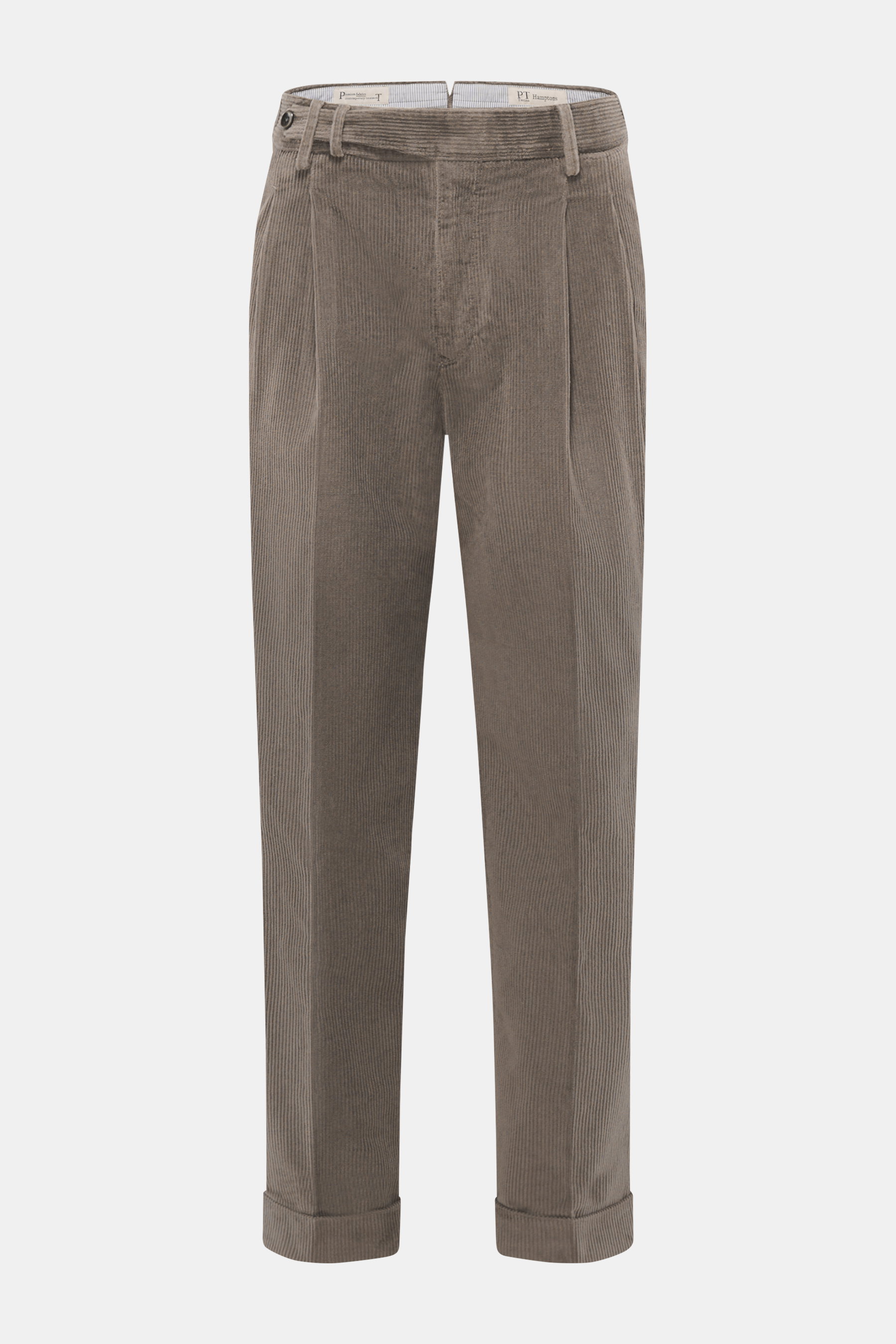 PT Torino Cordhose 'Carrot Fit' taupe, frontal fotografiert, aus leicht elastischem Baumwollcord mit Bundfalten, Knopfriegel und fixiertem Saumaufschlag.