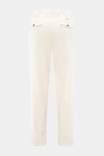 Rear view of PT Torino Corduroy Pants 'Carrot Fit' cream in cotton corduroy with double waistband pleats, back flap pockets, fixed hem cuffs, and small watch pocket.