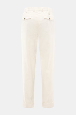 Rear view of PT Torino Corduroy Pants 'Carrot Fit' cream in cotton corduroy with double waistband pleats, back flap pockets, fixed hem cuffs, and small watch pocket.