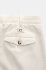 Close-up rear view of PT Torino Corduroy Pants 'Carrot Fit' cream, showing cotton corduroy texture, buttoned back flap pocket, double waistband pleat, and belt loops.