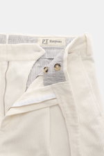 PT Torino Corduroy Pants 'Carrot Fit' cream shown from a top front close-up of waistband, zipper, buttons, and corduroy texture.