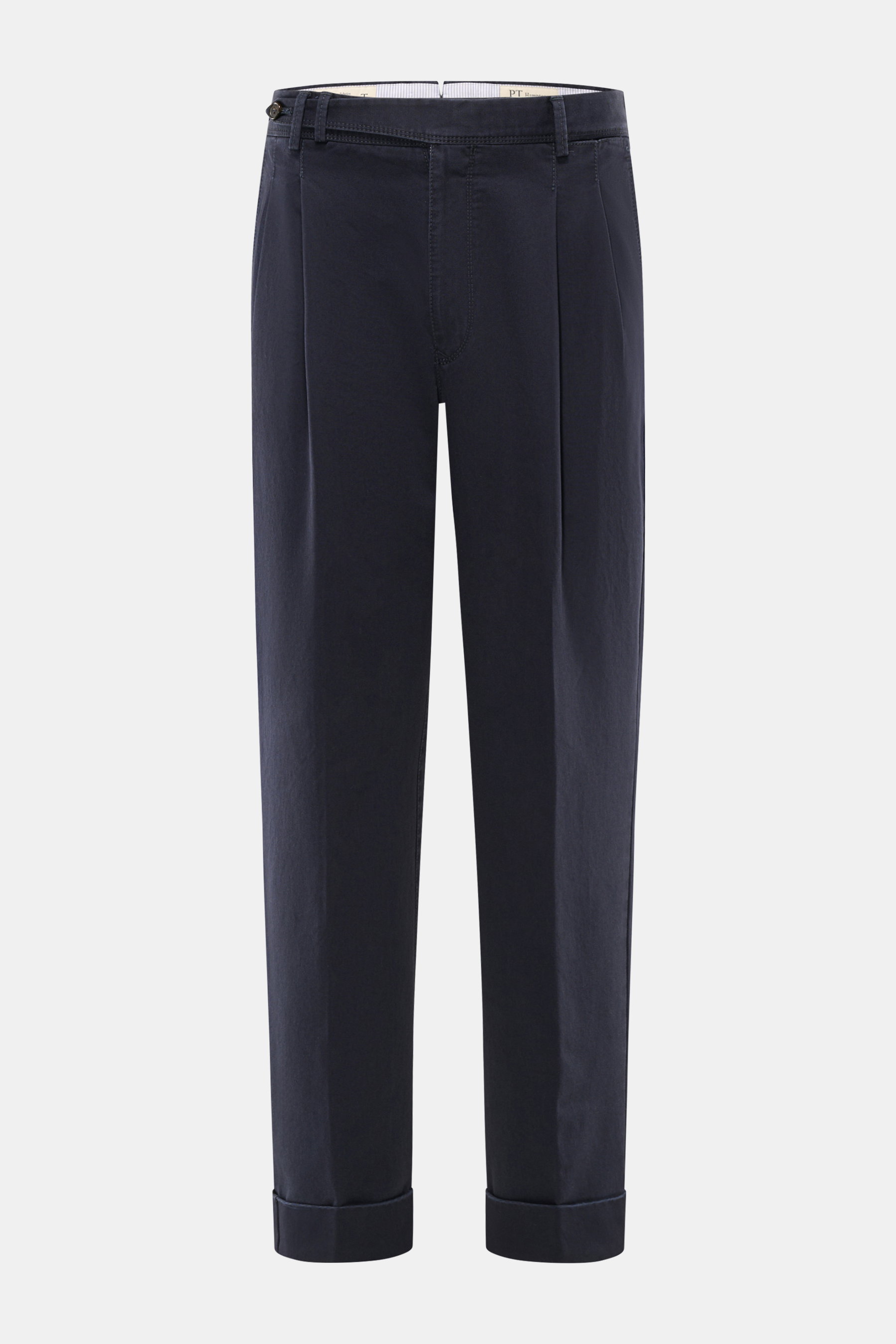 PT Torino Chino 'Hamptons' navy, frontale Nahaufnahme, twill Baumwolle, softer Griff, tapered Fit, knöchellang, Bundknöpfe, Uhrentasche, doppelte Bundfalte, französische Taschen, Gesäßtaschen mit Patte, fixierter Saumaufschlag.