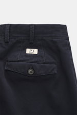 Close-up rear view of PT Torino Chino 'Hamptons' navy pants showing twill pure cotton fabric, soft touch, tapered fit, regular thigh width, ankle-length, very slim tapering, zipper and waistband buttons, extended button tab, small watch pocket, double wai