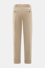 PT Torino Chino 'Hamptons' beige pants shown from the back, twill pure cotton, soft touch, tapered fit, regular thigh width, ankle-length, very slim tapering, zipper and waistband buttons, extended button tab, small watch pocket, double waistband pleat, F