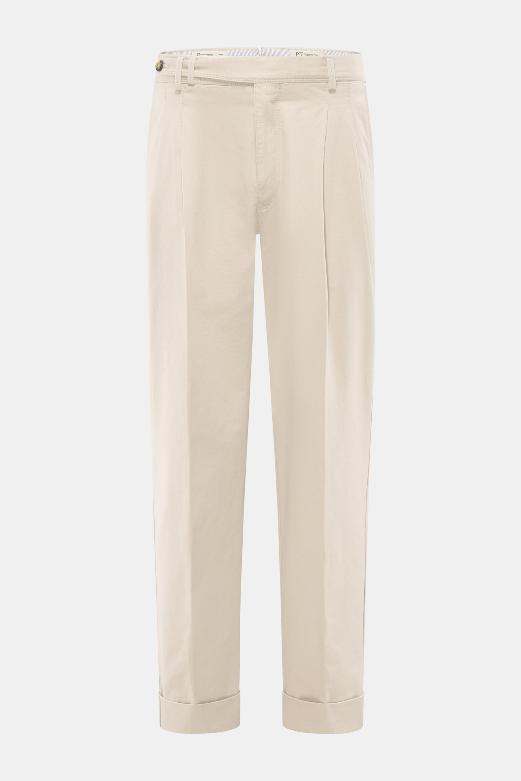 PT Torino Chino 'Hamptons' sand, knöchellang, sehr schmal zulaufend, mit Twill aus reiner Baumwolle, Reißverschluss, Bundknöpfen, Uhrentasche, fotografiert frontal.