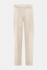 Front view of PT Torino Chino 'Hamptons' sand pants made of twill pure cotton, soft touch, tapered fit, regular thigh width, ankle length with very slim tapering, zipper and waistband buttons, extended button tab, small watch pocket, double waistband plea