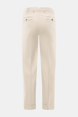 PT Torino Chino 'Hamptons' sand shown from the back, twill pure cotton, soft touch, tapered fit, regular thigh, ankle length, very slim tapering, zipper and waistband buttons, extended button tab, small watch pocket, double waistband pleat, French pockets