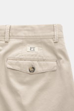 Close-up rear view of PT Torino Chino 'Hamptons' sand pants made of twill pure cotton with soft touch, tapered fit, regular thigh width, ankle length, very slim tapering, zipper and waistband buttons, extended button tab, small watch pocket, double waistb
