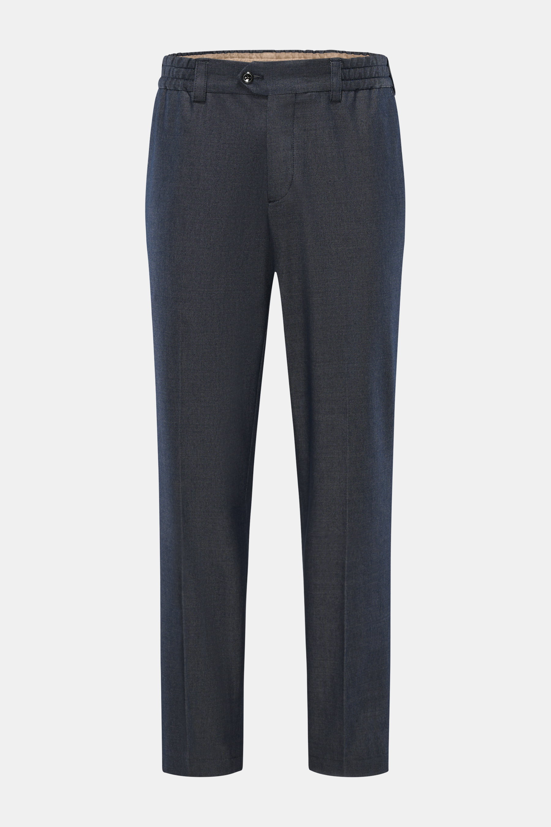 PT Torino Trousers 'The Rebel' grey blue melange front view, ankle-length tapered fit, cotton and virgin wool twill, elastic waistband, button fly, French pockets, back buttoned flap pockets, soft touch, regular thigh width. Comfort meets style with sligh