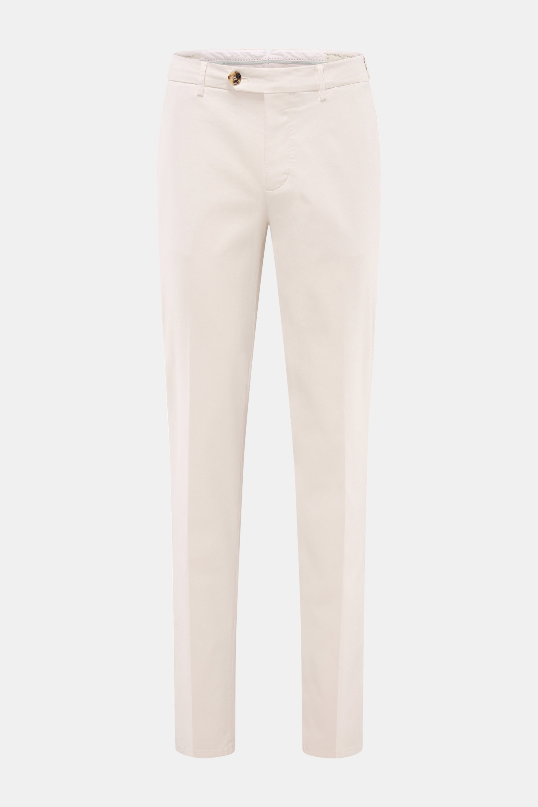 Brunello Cucinelli Chino 'Italian Fit' creme, Vorderansicht, Twill-Baumwolle, Regular Fit, Reißverschluss, Bundknopf, Taschen, weicher Griff, garment dyed.