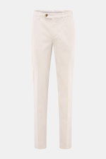 Brunello Cucinelli Chinos 'Italian Fit' cream shown front view, garment-dyed elasticated cotton twill, regular fit, tapered cut, zip and button closure.