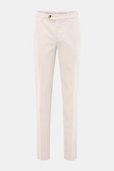 Brunello Cucinelli Chinos 'Italian Fit' cream shown front view, garment-dyed elasticated cotton twill, regular fit, tapered cut, zip and button closure.