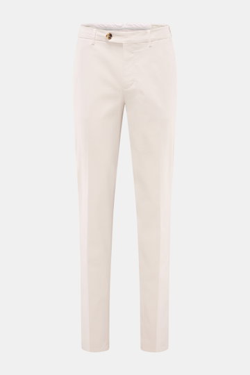 Brunello Cucinelli Chino 'Italian Fit' creme, Vorderansicht, Twill-Baumwolle, Regular Fit, Reißverschluss, Bundknopf, Taschen, weicher Griff, garment dyed.