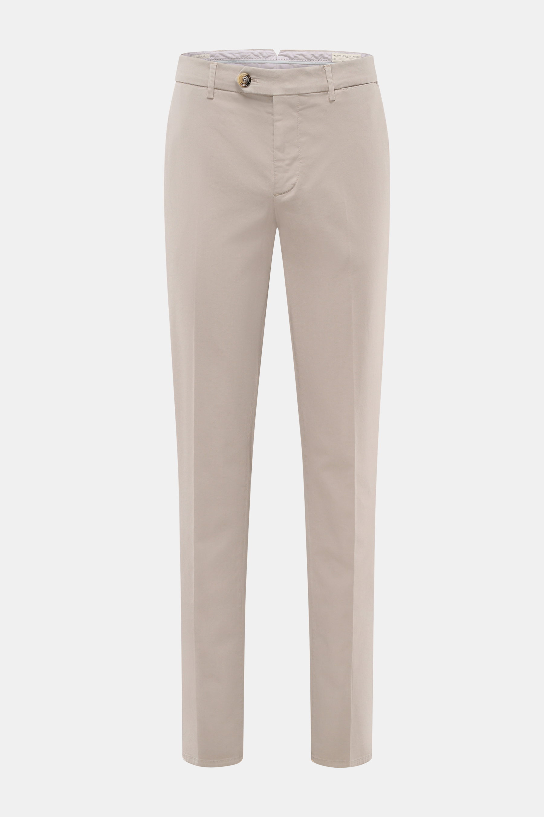 Brunello Cucinelli Chino 'Italian Fit' sand, frontale Ansicht, elastische Baumwolle, Twill, Köperstruktur, Regular Fit, Taschen, Reißverschluss, Bundknopf.