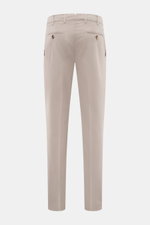 Brunello Cucinelli Chinos 'Italian Fit' sand shown from the back, twill elasticated cotton, soft feel, garment-dyed, regular fit, tapered cut, zip and waist buttons, French pockets, small watch pocket, back button pockets.