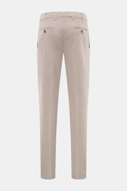 Brunello Cucinelli Chinos 'Italian Fit' sand shown from the back, twill elasticated cotton, soft feel, garment-dyed, regular fit, tapered cut, zip and waist buttons, French pockets, small watch pocket, back button pockets.