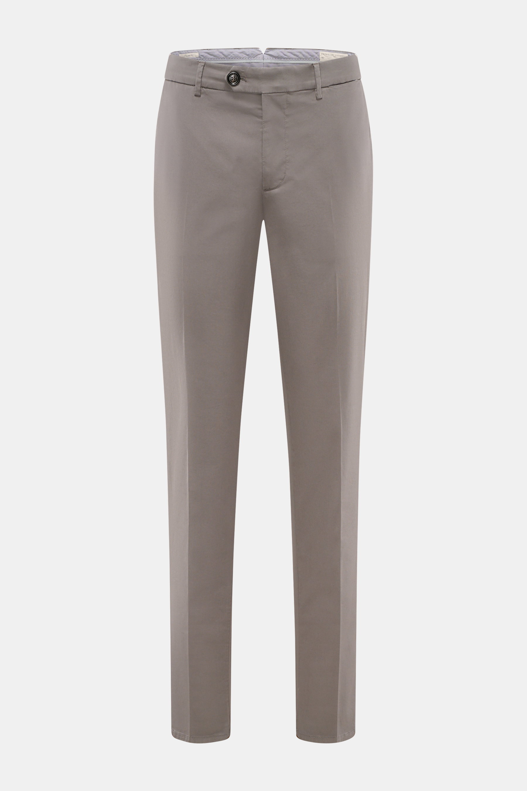 Frontansicht der grauen Brunello Cucinelli Chino 'Italian Fit' aus elastischer Baumwolle mit feiner Köperstruktur, Regular Fit, Reißverschluss, Bundknopf, französischen Taschen, Uhrentasche und Gesäßtaschen mit Knopf.