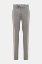 Front view of Brunello Cucinelli Chinos 'Italian Fit' grey, elastic cotton twill, tapered cut, zip and button, French and back pockets.